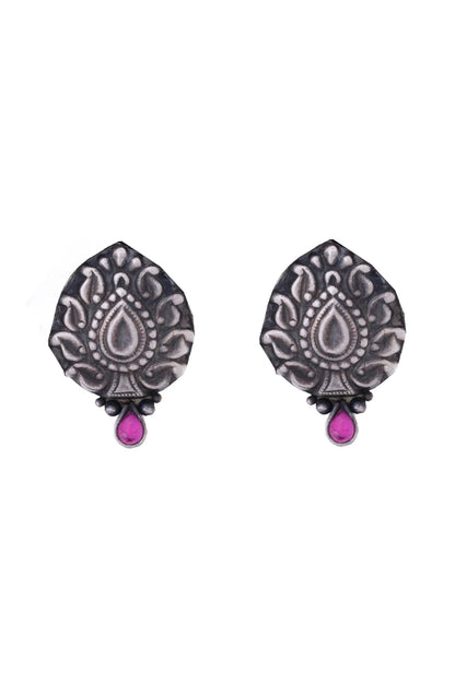 Silver Finish Ruby Glass Stone Stud Earrings In Sterling Silver