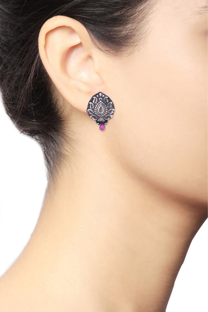 Silver Finish Ruby Glass Stone Stud Earrings In Sterling Silver