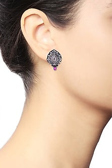 Silver Finish Ruby Glass Stone Stud Earrings In Sterling Silver