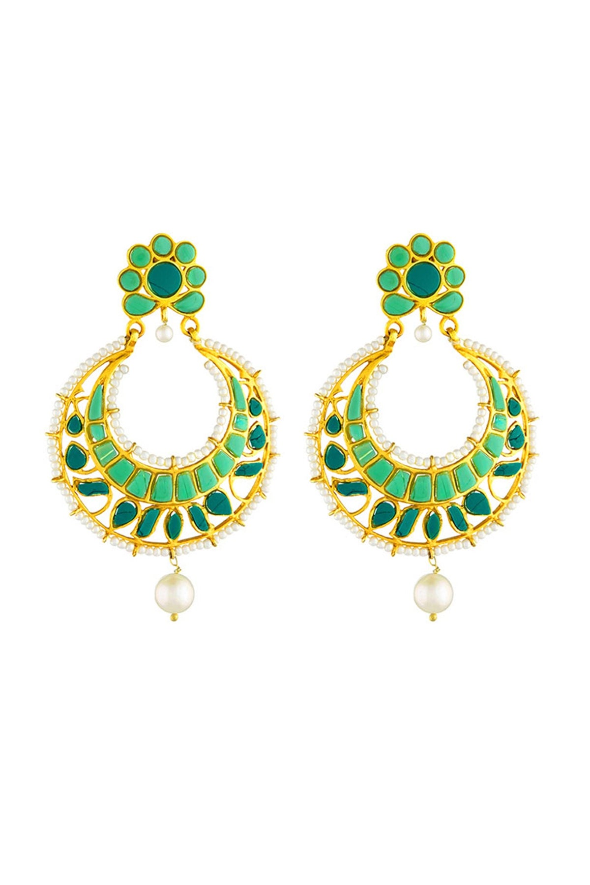 Gold Plated Jade & Turquoise Stone Dangler Earrings In Sterling Silver