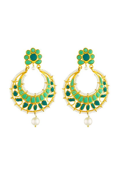 Gold Plated Jade & Turquoise Stone Dangler Earrings In Sterling Silver