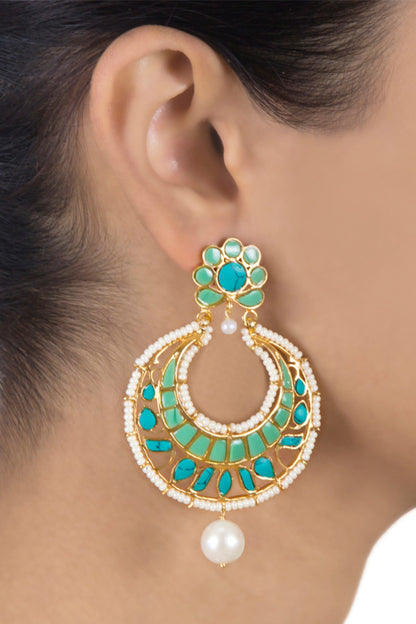 Gold Plated Jade & Turquoise Stone Dangler Earrings In Sterling Silver
