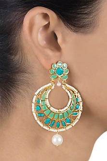Gold Plated Jade & Turquoise Stone Dangler Earrings In Sterling Silver