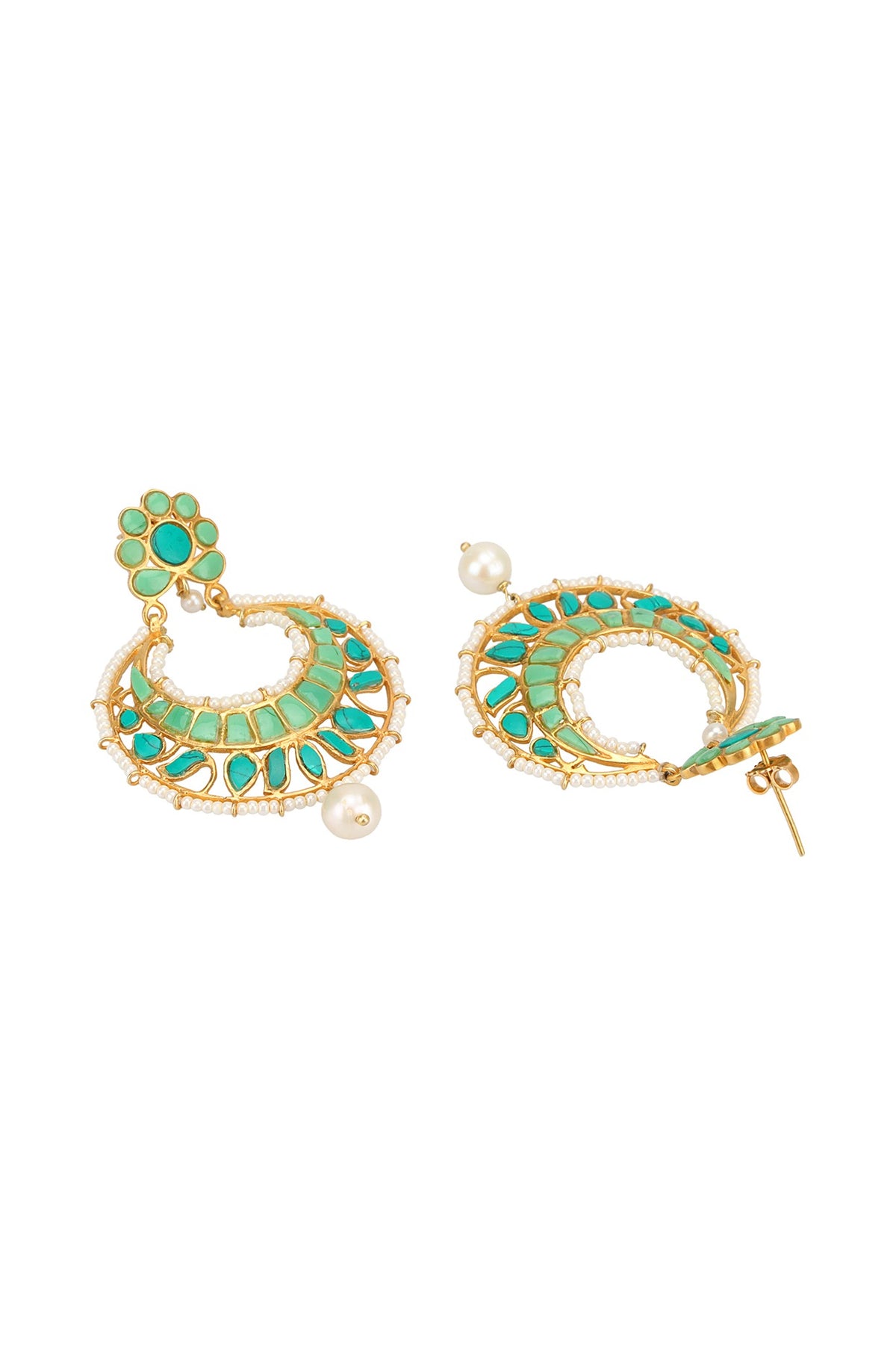 Gold Plated Jade & Turquoise Stone Dangler Earrings In Sterling Silver