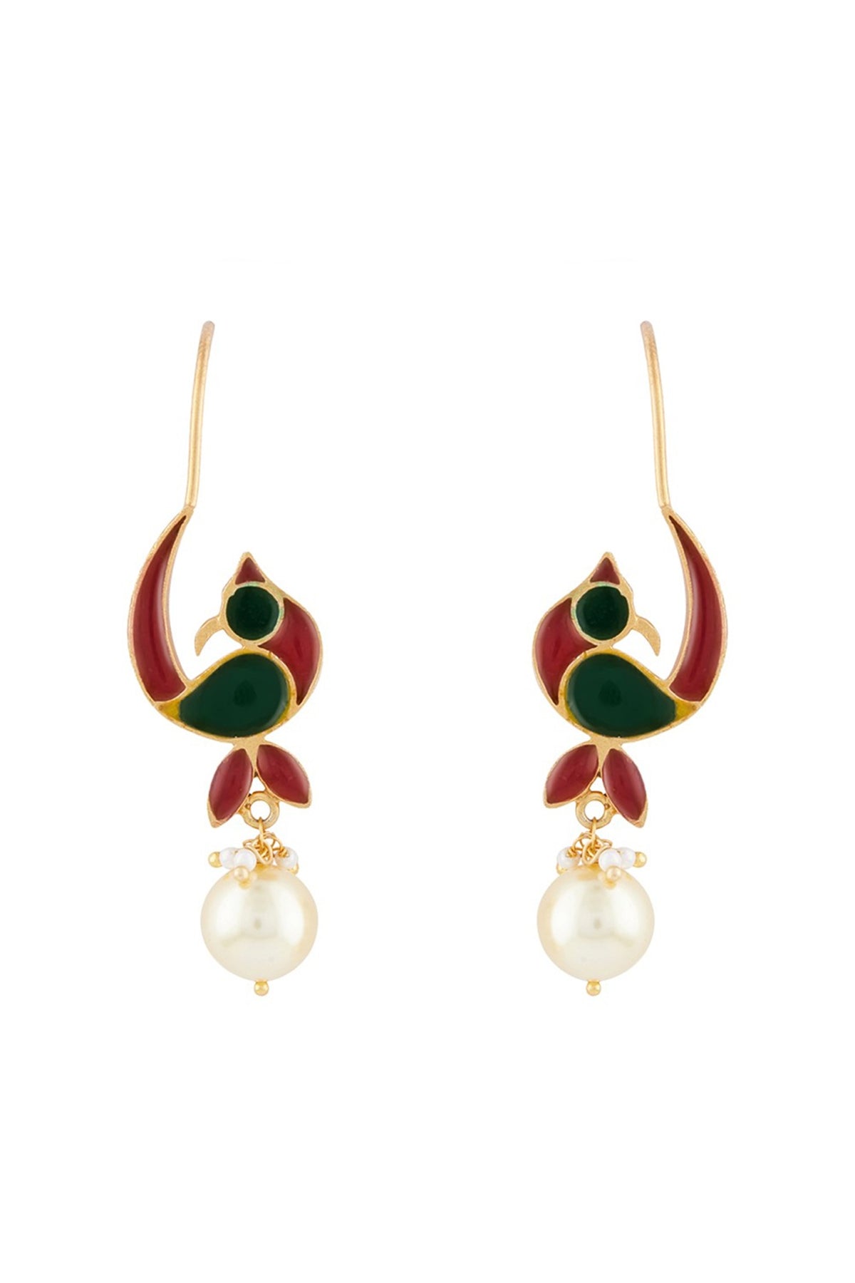 Gold Plated Pearl Enamelled Dangler Earrings In Sterling Silver