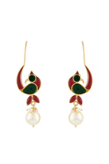 Gold Plated Pearl Enamelled Dangler Earrings In Sterling Silver
