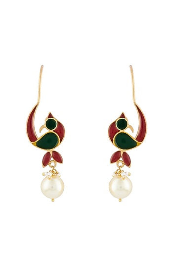 Gold Plated Pearl Enamelled Dangler Earrings In Sterling Silver