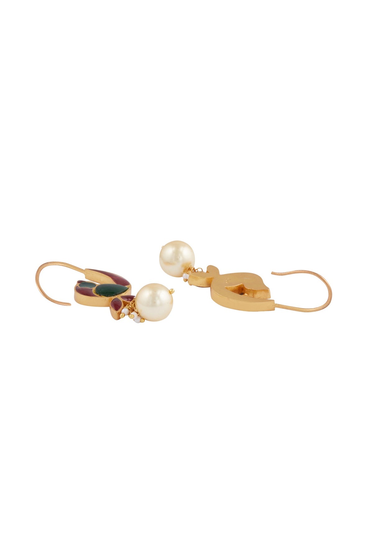 Gold Plated Pearl Enamelled Dangler Earrings In Sterling Silver