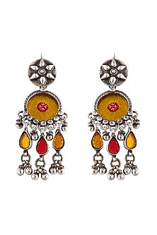 Silver Finish Red & Yellow Glass Dangler Earrings In Sterling Silver