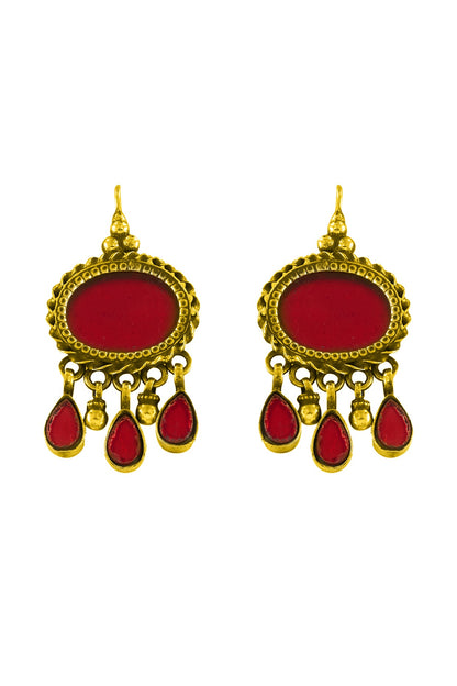 Gold Plated Red Glass Dangler Earrings In Sterling Silver