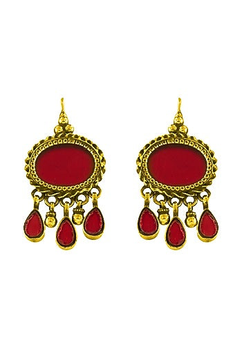 Gold Plated Red Glass Dangler Earrings In Sterling Silver