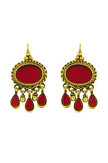 Gold Plated Red Glass Dangler Earrings In Sterling Silver
