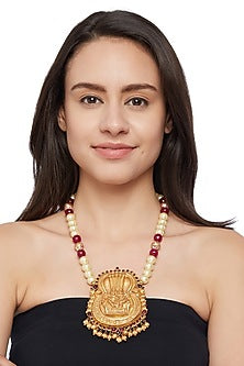Gold Plated Maroon Spinel & Pearl Long Necklace