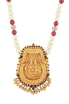 Gold Plated Maroon Spinel & Pearl Long Necklace