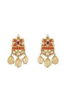 Gold Plated Jadau & Coral Stone Dangler Earrings In Sterling Silver