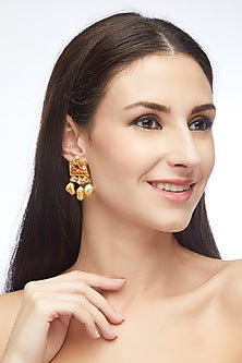 Gold Plated Jadau & Coral Stone Dangler Earrings In Sterling Silver