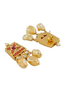 Gold Plated Jadau & Coral Stone Dangler Earrings In Sterling Silver