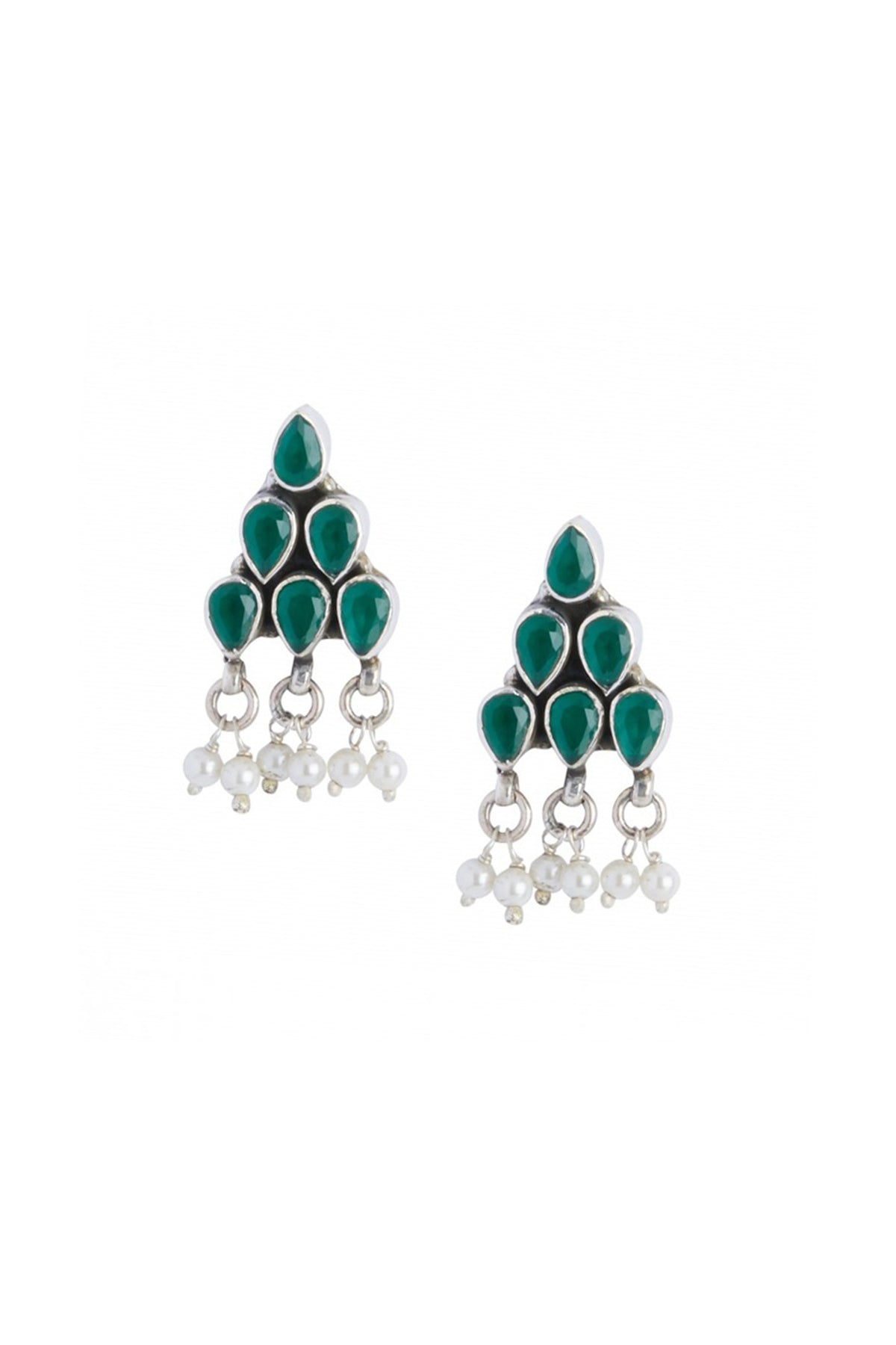 Green Onyx & Pearl Stud Earrings In Sterling Silver