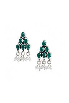 Green Onyx & Pearl Stud Earrings In Sterling Silver