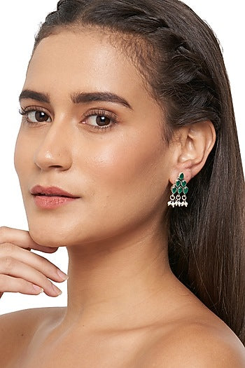 Green Onyx & Pearl Stud Earrings In Sterling Silver