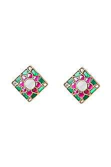 Gold Plated Ruby Square Stud Earrings In Sterling Silver