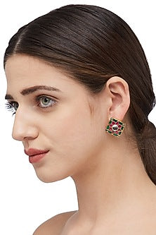 Gold Plated Ruby Square Stud Earrings In Sterling Silver