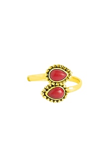 Gold Plated Coral Stone Teardrop Ring In Sterling Silver
