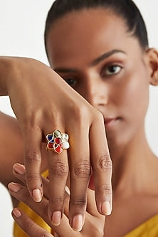 Gold Plated Navratna Gem Ring In Sterling Silver