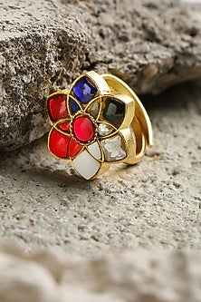 Gold Plated Navratna Gem Ring In Sterling Silver