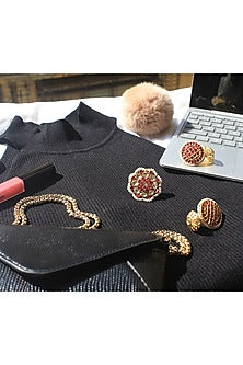 Gold Plated Ruby Synthetic Stone Stud Earrings With Ring In Sterling Silver