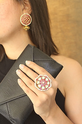 Gold Plated Ruby Synthetic Stone Stud Earrings With Ring In Sterling Silver