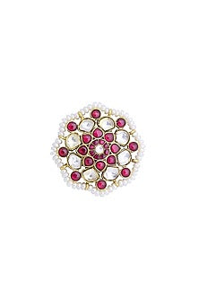 Gold Plated Ruby Synthetic Stone Stud Earrings With Ring In Sterling Silver