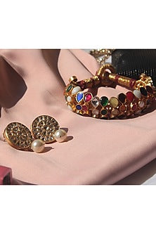 Gold Plated Ruby Synthetic Stone Stud Earrings With Bracelet In Sterling Silver
