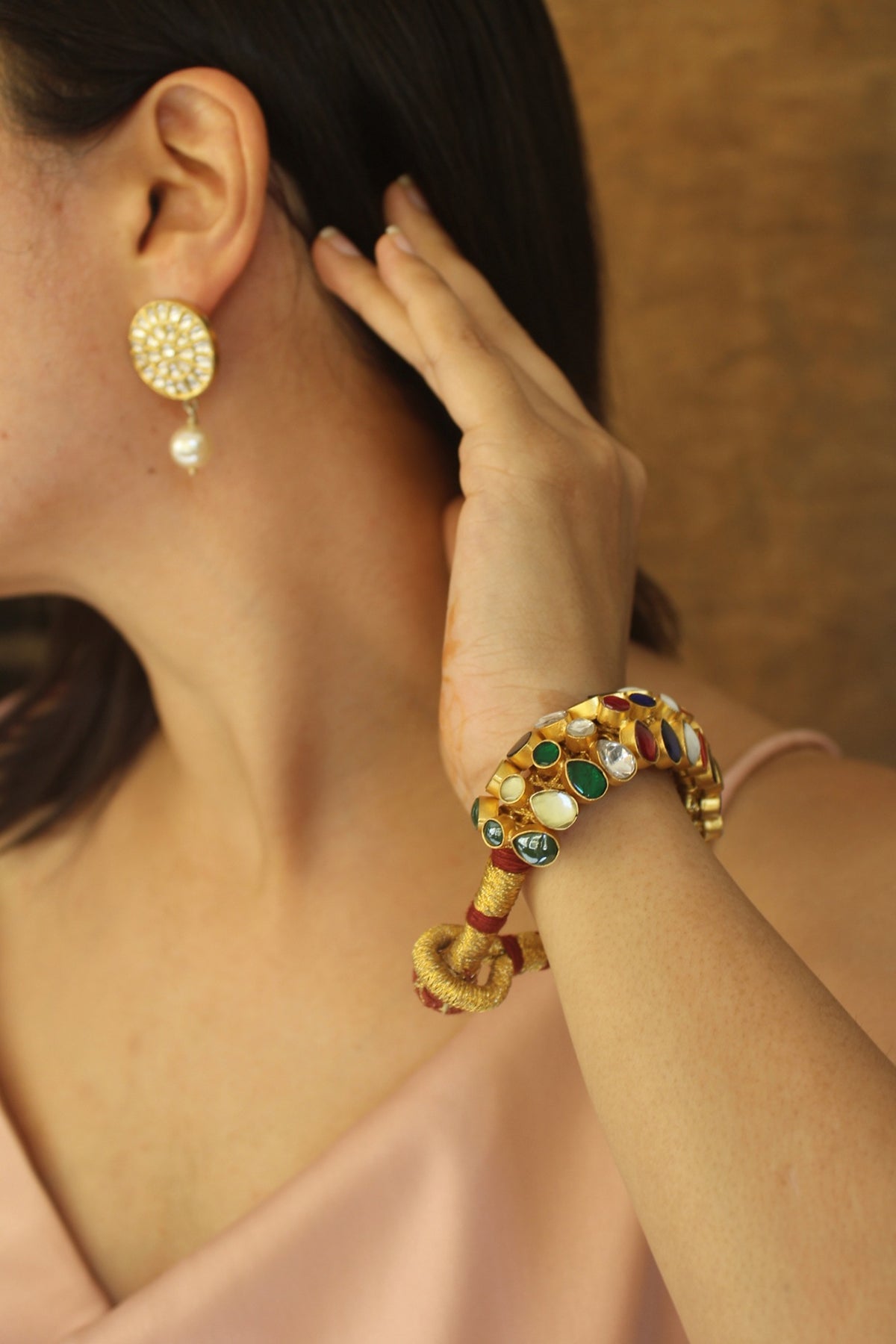 Gold Plated Ruby Synthetic Stone Stud Earrings With Bracelet In Sterling Silver