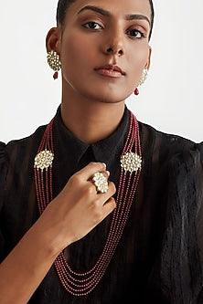 Gold Plated Ruby Synthetic Stone Long Necklace Set In Sterling Silver