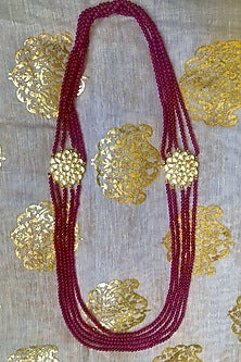 Gold Plated Ruby Synthetic Stone Long Necklace Set In Sterling Silver