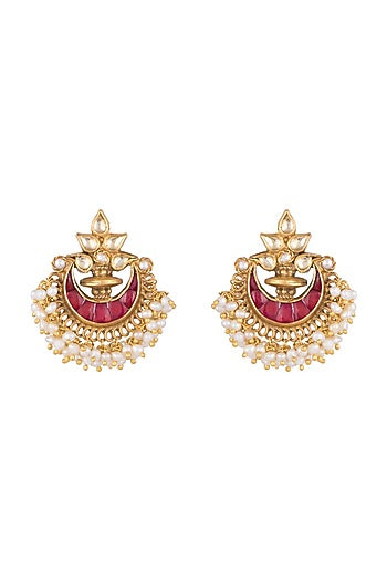 Gold Plated Ruby & Pearl Chandbali Earrings