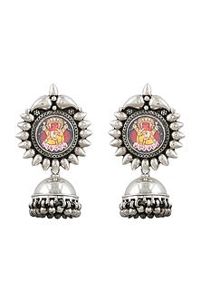 Silver Finish Red Hand Painted Earrings