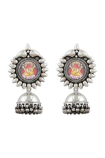 Silver Finish Red Hand Painted Earrings