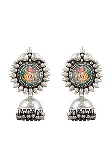 Silver Finish Green Hand Painted Earrings