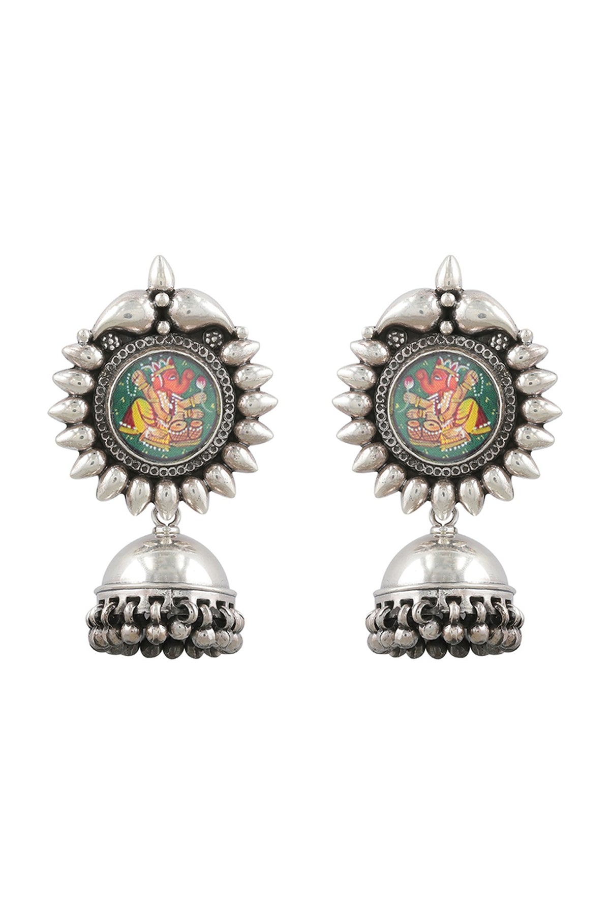 Silver Finish Green Hand Painted Earrings