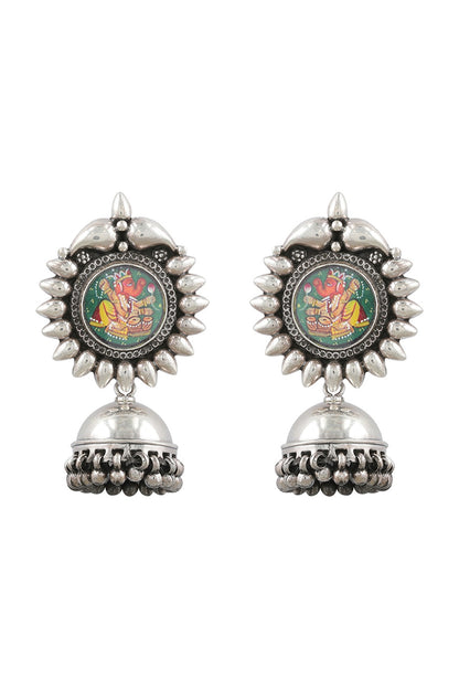Silver Finish Green Hand Painted Earrings