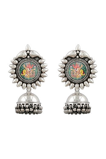 Silver Finish Green Hand Painted Earrings