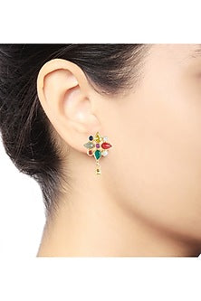Gold Plated Navratna Floral Earrings