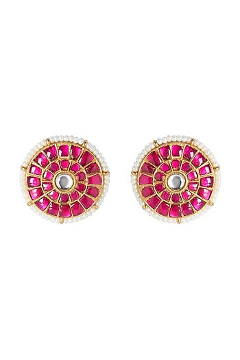 Gold Plated Ruby Pink Stud Earrings