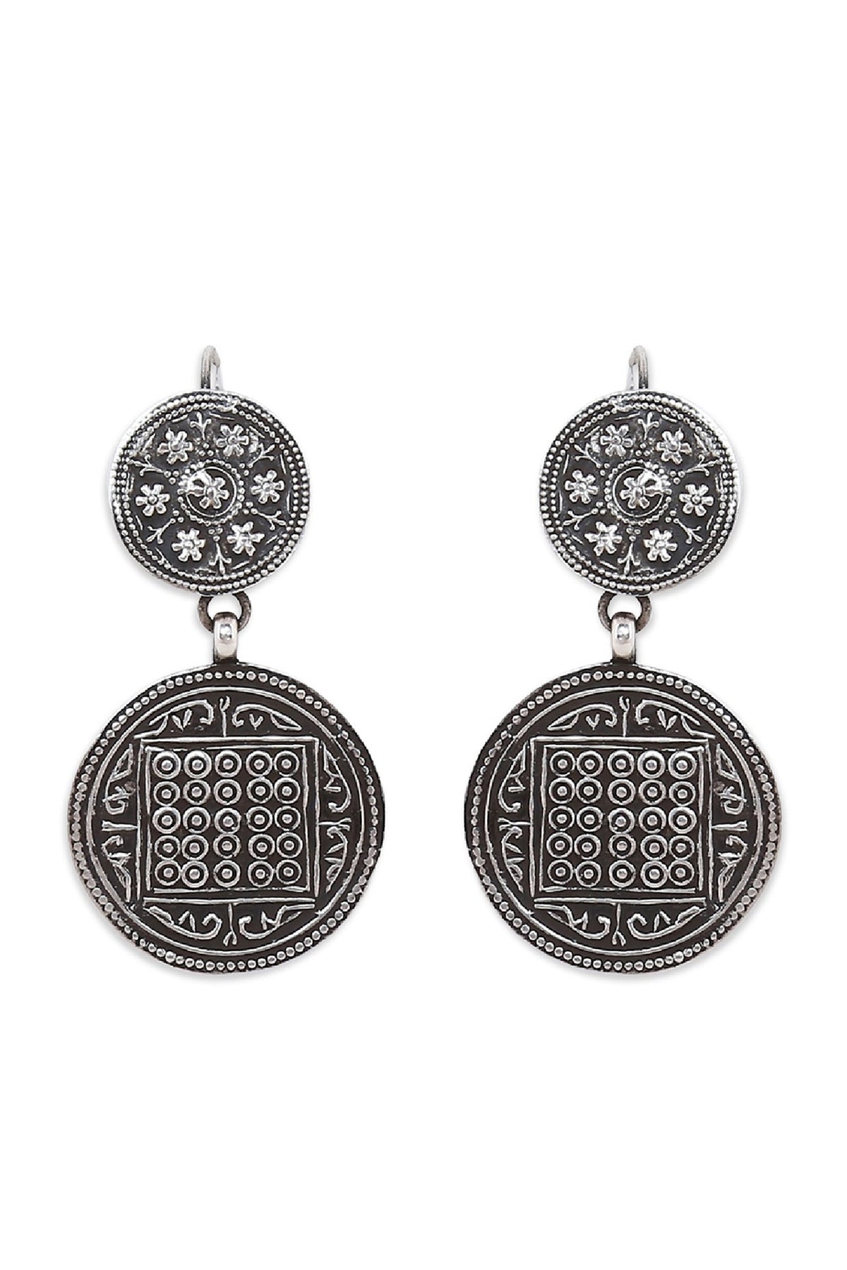 Silver Finish Circular Carved Earrings In Sterling Silver