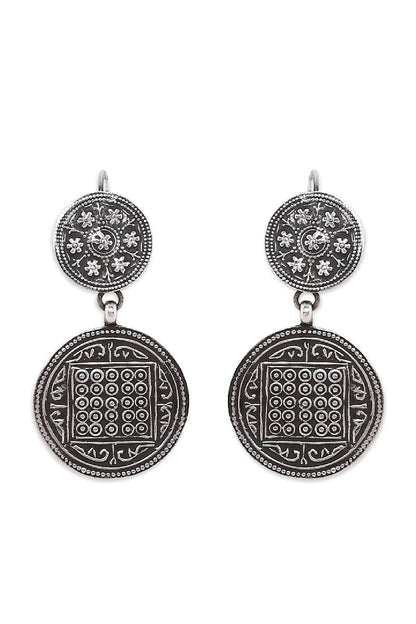 Silver Finish Circular Carved Earrings In Sterling Silver