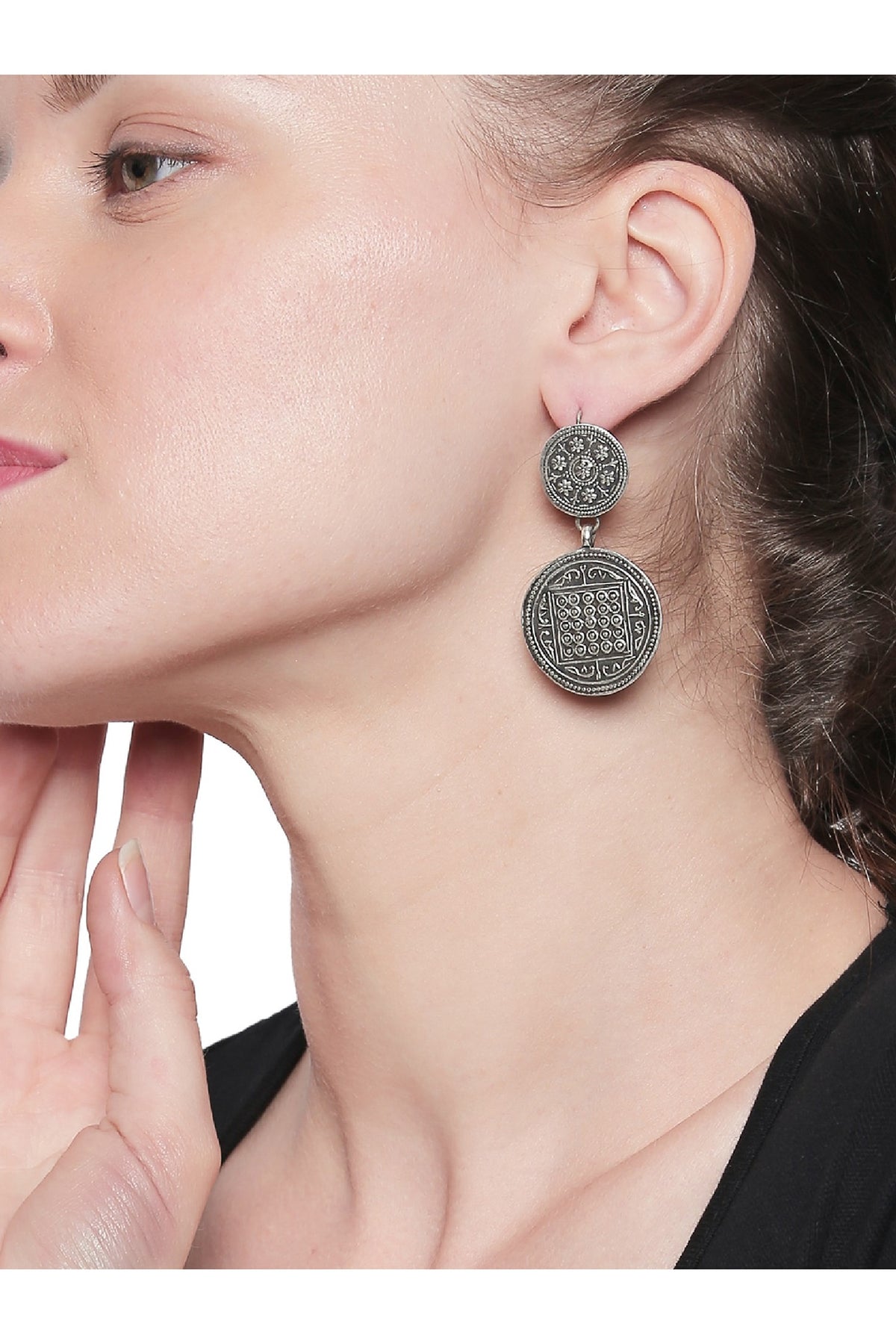 Silver Finish Circular Carved Earrings In Sterling Silver