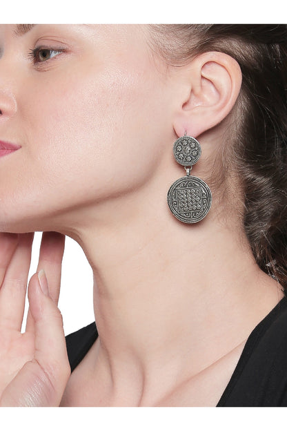 Silver Finish Circular Carved Earrings In Sterling Silver