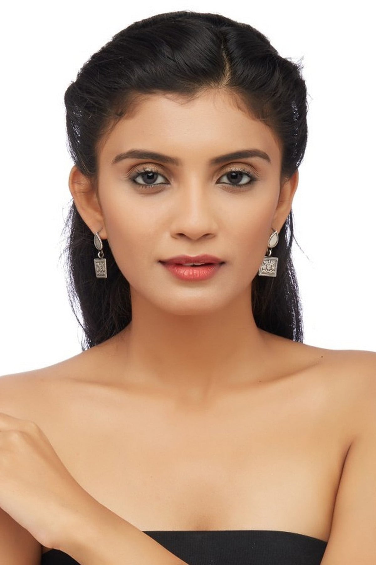 White Finish Square Floral Earrings